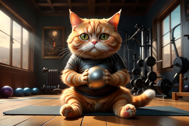Tłusty kot w koszulce uprawia sport w siłowni.