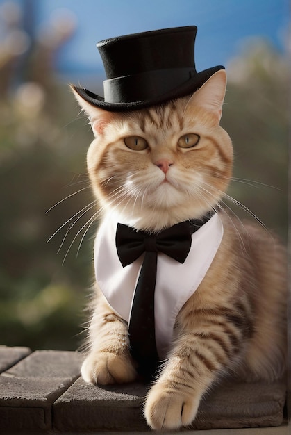 Zdjęcie tłusty kot z czarnym kapeluszem.
