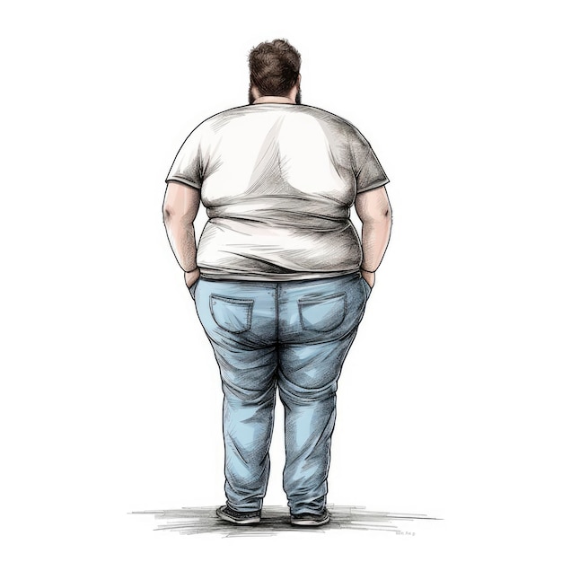 Tłusty mężczyzna w białej koszuli i niebieskich dżinsach.