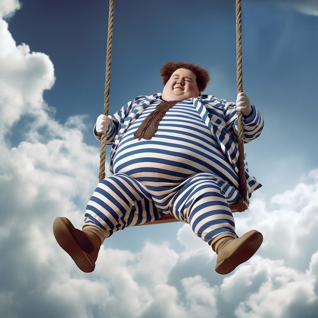 Zdjęcie tłusty, wesoły mężczyzna w niebieskich paskowych ubraniach huśta się na huśtawce w chmurach.