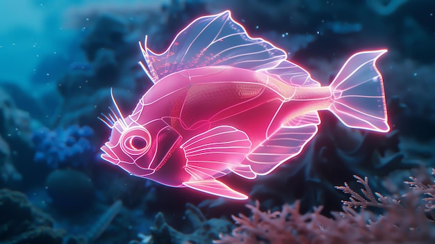 To ilustracja pięknej świecącej ryby. Ryba ma żywy różowy kolor i wyjątkowy kształt z długim, płynącym ogonem i delikatnymi płetwami.