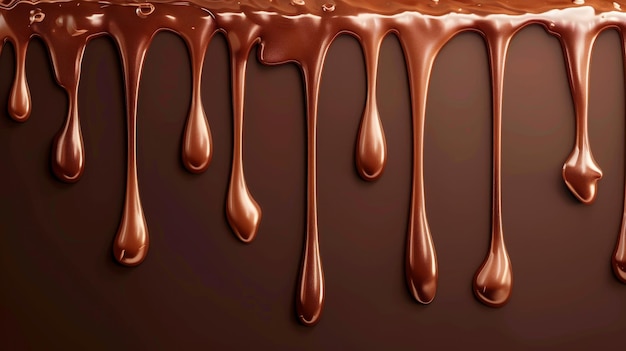 To ilustracja realistycznej tekstury kapiącej czekolady. Ma izolowaną granicę płynnego stopionego kremu czekoladowego do ciasta i trójwymiarowy przepływ ciemnego kakao do dekoracji deserów.