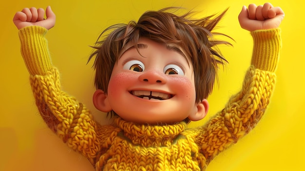 To jest 3D przedstawienie młodego chłopca, ma brązowe włosy i brązowe oczy, nosi żółty sweter.