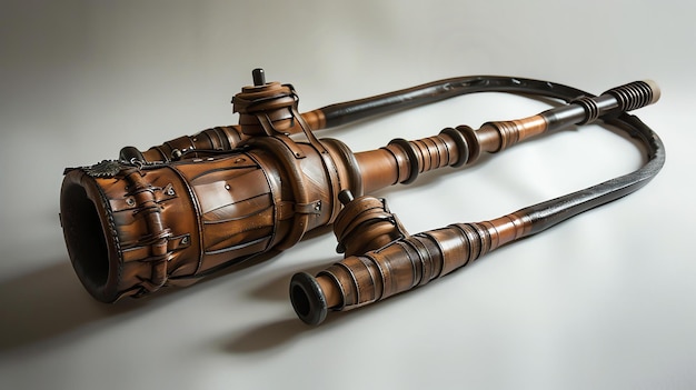 Zdjęcie to jest 3d renderowanie fajki w stylu steampunk. rura jest wykonana z metalu i drewna z skórzaną powłoką wokół głównego ciała.