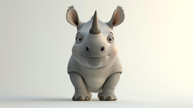 To jest 3D renderowanie uroczego dziecka nosorożca ma jasno szarą skórę i brązowe oczy patrzy na kamerę z ciekawym wyrazem twarzy