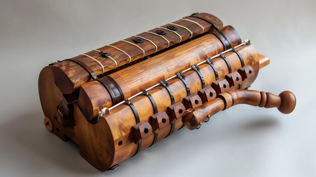 To jest drewniana skrzynka muzyczna jest brązowa i ma uchwyt na boku są otwory z przodu pudełka i kręgle po prawej stronie