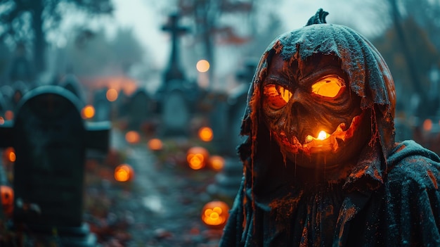 To jest JackOLantern w nocy na cmentarzu Halloween w przerażającą noc z pełnią księżyca