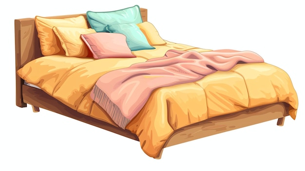 Zdjęcie to jest łóżko z żółtym kocem i różowym kocem, na łóżku są cztery poduszki, łóżko jest drewniane.