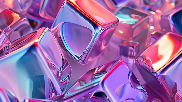 To jest renderowanie 3D abstrakcyjnego tła z metalicznymi kształtami geometrycznymi, które mają kolorystykę