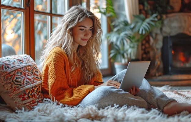 To jest zdjęcie z boku, przedstawiające szczęśliwą młodą kobietę w zwykłym ubraniu, odpoczywającą na podłodze obok otwartego okna i korzystającą z laptopa w okresie kwarantanny