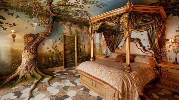 Zdjęcie to magiczna sypialnia z pięknym ręcznie namalowanym malowidłem lasu na ścianach i suficie.