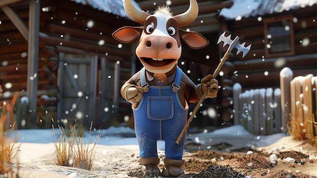 To obraz szczęśliwej krowy w kombinezonie i trzymającej w ręku widelec. Krowa stoi na śnieżnym polu, a na tle jest stodoła.