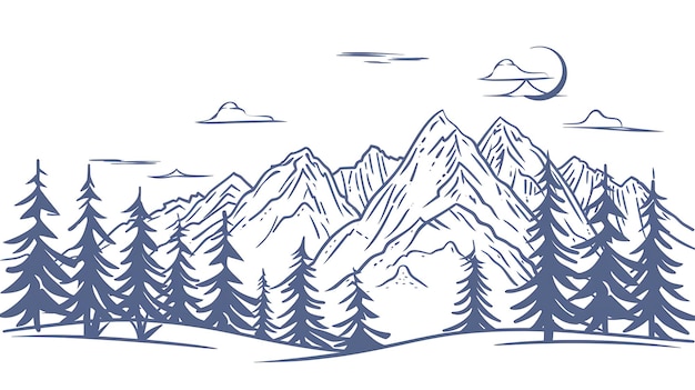 To piękna ilustracja krajobrazu łańcucha górskiego. Góry są w oddali z kilkoma drzewami na pierwszym planie.