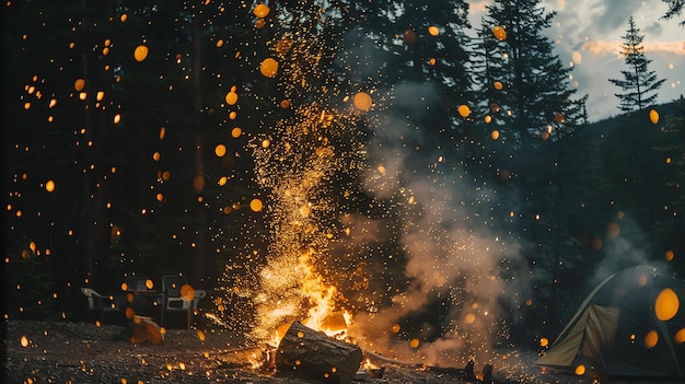 Zdjęcie to piękny obraz nocnego ognia w lesie, ogień pęka i wysyła iskry w powietrze.
