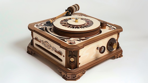 To piękny, ręcznie wykonany drewniany gramofon z skomplikowanymi rzeźbami i ciepłym, przyjemnym wzorem.