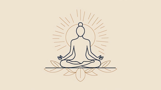 Zdjęcie to prosty rysunek osoby medytującej w pozycji lotosu, otoczonej przez słońce i kwiat lotosu.