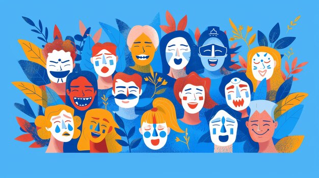 Zdjęcie to strona, na której smutni ludzie ukrywają się za szczęśliwymi maskami. koncepcja ta łączy się z zespołem oszustów, hipokryzją i pomocą psychologiczną dla osób cierpiących na problemy z tożsamością.