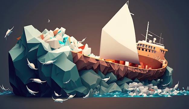 To tętniące życiem dzieło sztuki low poly prezentuje innowacyjną technologię i zaangażowanie stojące za inicjatywą oczyszczania oceanów, wygenerowaną przez sztuczną inteligencję