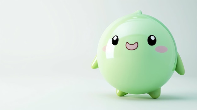 To urocza i prosta ilustracja 3D zielonej kropli. Postać ma szczęśliwy wyraz twarzy i patrzy na widzę.