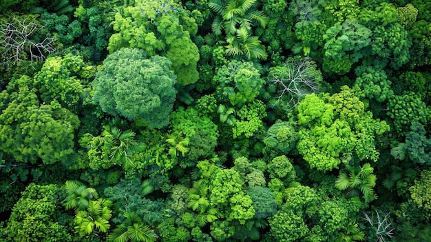To widok z powietrza bujnego zielonego baldachimu lasu deszczowego. Gęsta roślinność składa się z różnych gatunków drzew, w tym palm i paproci.