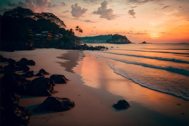 To zapierające dech w piersiach zdjęcie ukazuje piękno plaży Phuket podczas złotej godziny.