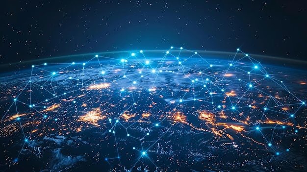 To zdjęcie pokazuje globalną sieć światową i telekomunikację na Ziemi wraz z technologią kryptowalut i łańcucha bloków, a także IoT.