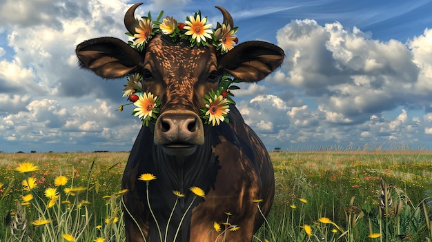 Zdjęcie to zdjęcie pokazuje krowę noszącą koronę kwiatową stojącą na polu kwiatów, a krowa patrzy na kamerę.
