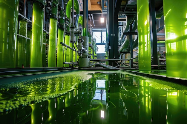 To zdjęcie pokazuje przestronny zielony budynek z czystym basenem z wodą przed nim na skalę przemysłową biopaliw z alg AI generowanych