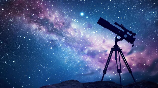 To zdjęcie pokazuje widok nocnego nieba z gwiazdami teleskop jest ustawiony na statywie na pierwszym planie
