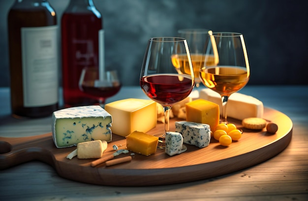 to zdjęcie przedstawia deskę serów z kieliszkami do wina i serem
