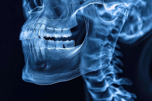 To zdjęcie przedstawia niebieski obraz rentgenowski ludzkiej czaszki przedstawiający skomplikowane szczegóły zębów Trójwymiarowa twarz Xray przedstawiający ludzką żuchwę i szczękę Wygenerowano AI