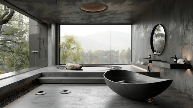 To zdjęcie przedstawia nowoczesną łazienkę z dużą kąpielą i dużym oknem tworzącym jasny
