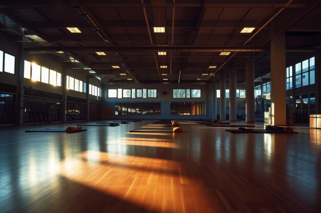 To zdjęcie przedstawia przestronny pokój z dużą liczbą okien zapewniających dostatek naturalnego światła i drewnianą podłogę Pusta siłownia z przyciemnionym oświetleniem dla klasy jogi generowana przez AI