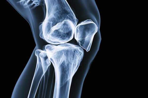 To zdjęcie rentgenowskie zapewnia szczegółowy widok struktury i stanu ludzkiego stawu kolanowego Szczegółowa reprezentacja rentgenowska ludzkiego stavu kolanowego w 3D generowana przez sztuczną inteligencję