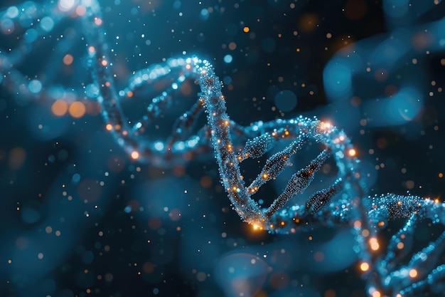 To zdjęcie z bliska pokazuje skomplikowane szczegóły niebieskiej i czarnej struktury podkreślające jej unikalny projekt i kolory edycja DNA za pomocą technologii CRISPR AI generowana