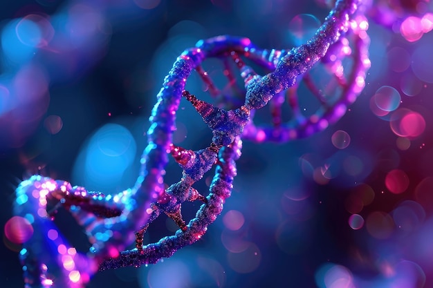To zdjęcie z bliska przedstawia skomplikowane szczegóły fioletowej i niebieskiej struktury wiązek DNA pod mikroskopem generowane przez sztuczną inteligencję