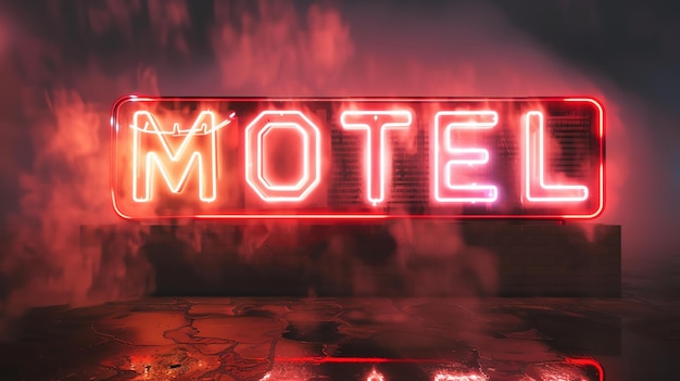 To znak motelu na ciemnoczerwonym tle znak motelu jest wykonany z czerwonych neonowych świateł i jest otoczony ciemno czerwoną mgłą