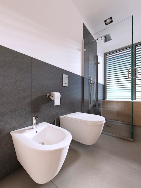 Toaleta i bidet nowoczesna łazienka w stylu skandynawskim. renderowanie 3D
