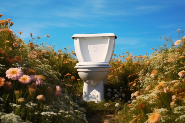 Toaleta pośród dzikich kwiatów pod niebieskim niebem
