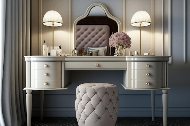 Toaletka z lustrem i toaletką w eleganckiej sypialni stworzonej za pomocą generative ai
