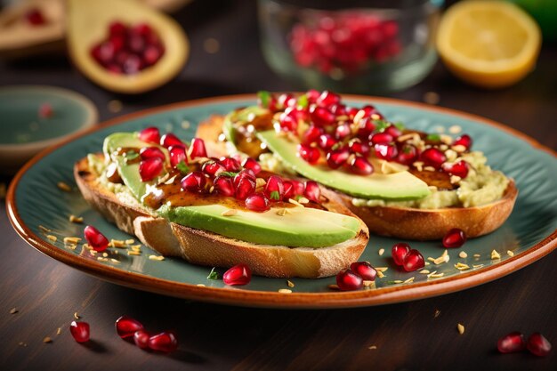 Zdjęcie toast z awokado podawany na tacce z łupkiem z grillowaną sapodillą