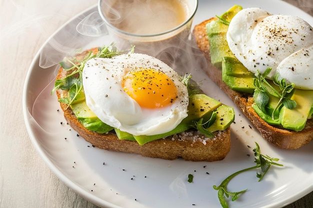 Toast z awokado z doskonałym jajem w garnku z solą i pieprzem podawany z kawą na śniadanie