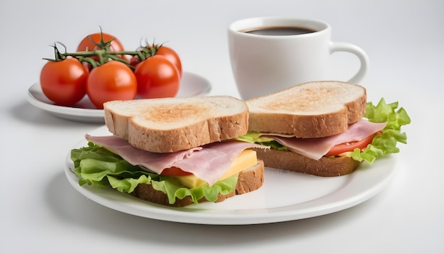 Toast z sałatką, szynką, serem, pomidorem i kawą.