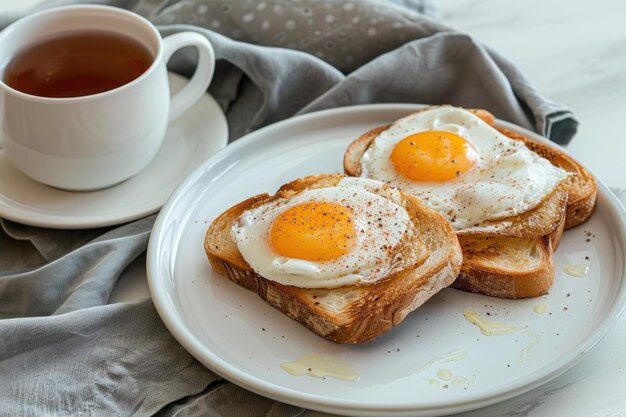 Toast z smażonymi jajkami na talerzu i białą filiżanką herbaty na pustym tle