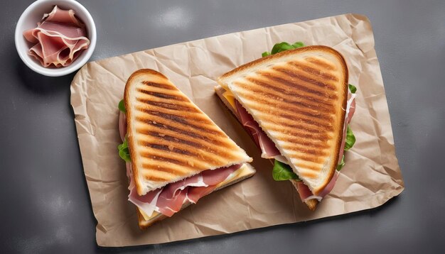 Toasted Panini kanapka z prosciutto szynki i sera Szare tło