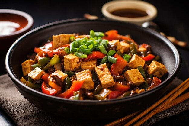 Zdjęcie tofu stirfry z sosem z czarnej fasoli w czarnej misce