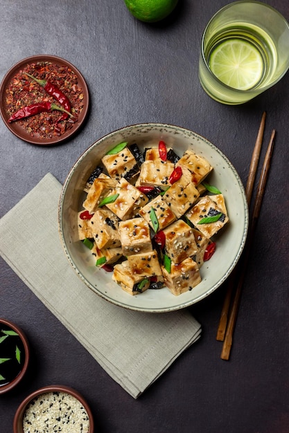 Tofu w sosie teriyaki z zieloną cebulką, papryczkami chili i sezamem Kuchnia azjatycka Jedzenie wegetariańskie Zdrowe odżywianie