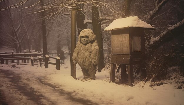 Zdjęcie tokijski drewniany golem bez twarzy na stoisku wzdłuż szlaków parku w ciężką śnieżną zimową noc