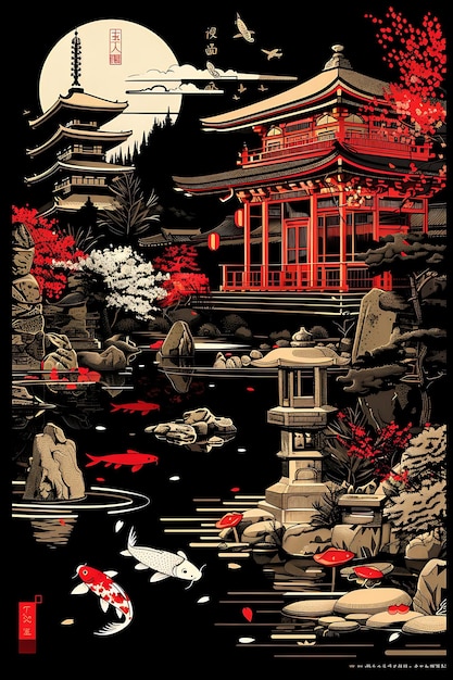 Tokio z sceną ulicy Zen i świątynią Rock Garden Koi Pond Collage Kontrast Concept Design Art