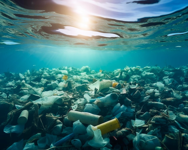 Toksyczne odpady plastikowe pływające pod wodą w oceanie Woda Zanieczyszczenie środowiska Problem plastiku Problem zanieczyszczenia plaży